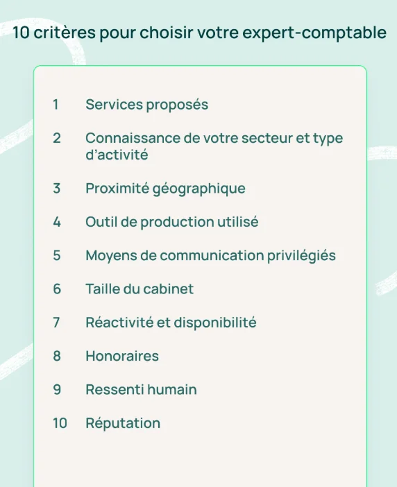Infographie : 10 critères pour choisir votre expert-comptable - services, secteur, proximité, outils, communication, taille du cabinet, réactivité, honoraires, ressenti humain, réputation