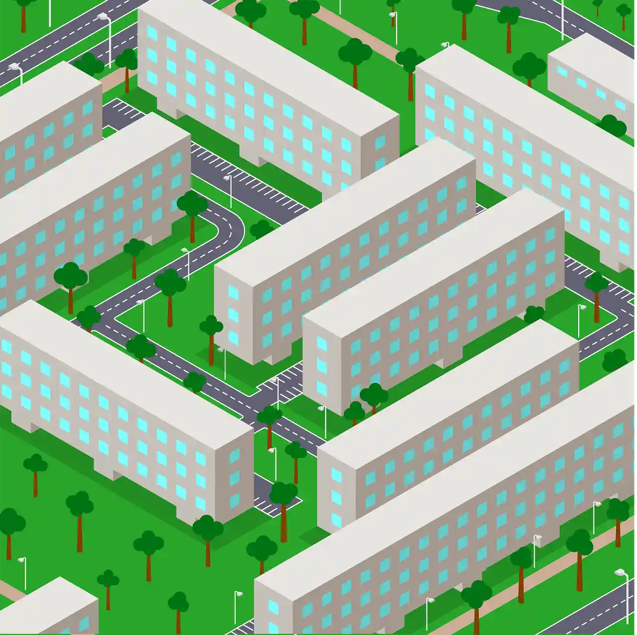 Ville isométrique illustrant les aides à la création