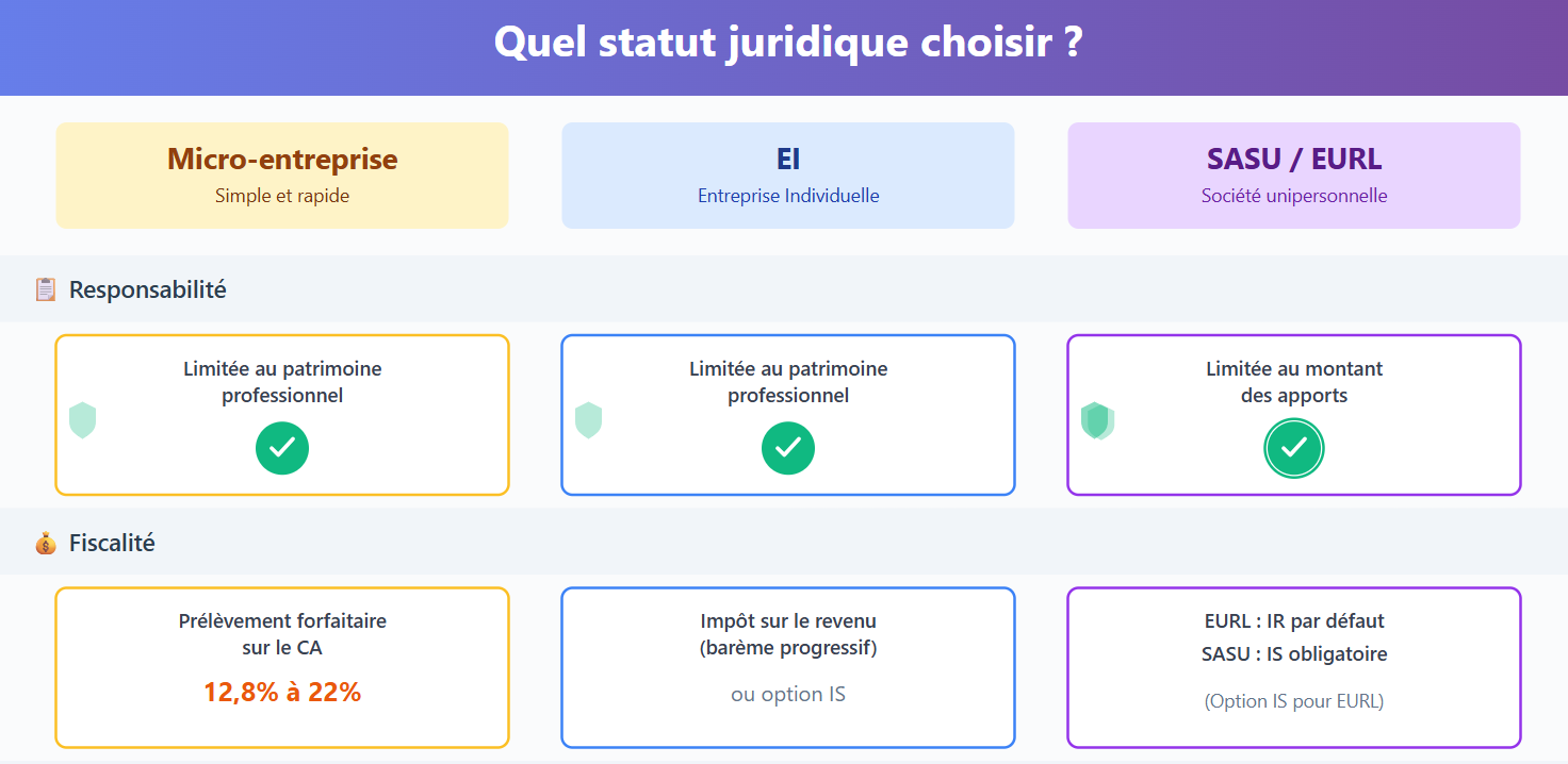 Comparatif des statuts juridiques : Micro-entreprise, EI, SASU, EURL