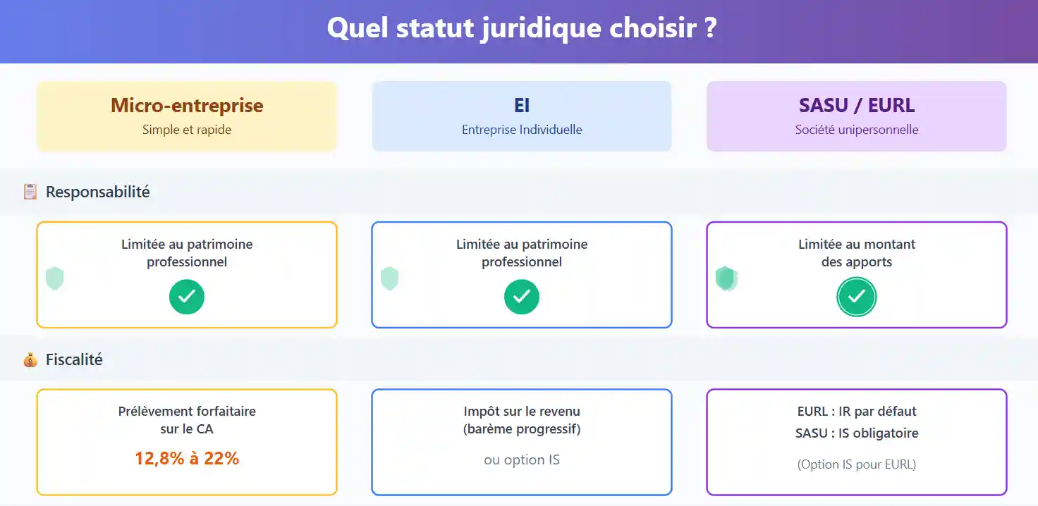 Comparatif des statuts juridiques : Micro-entreprise, EI, SASU, EURL