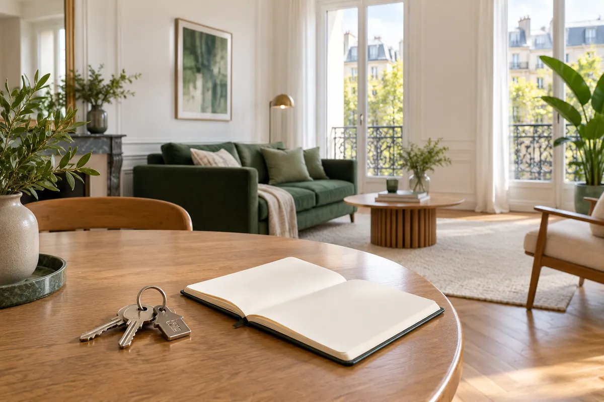 Clés et carnet posés sur une table dans un appartement meublé