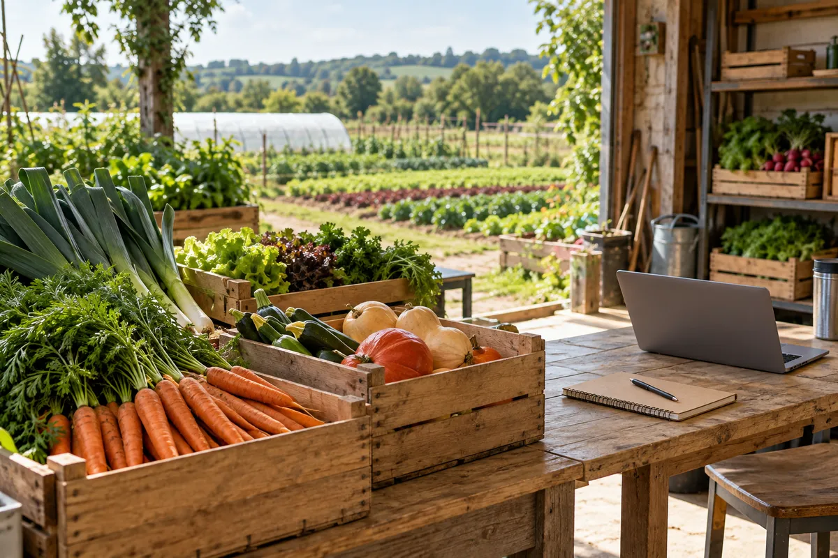 Caisses de légumes et espace de gestion dans une exploitation maraîchère