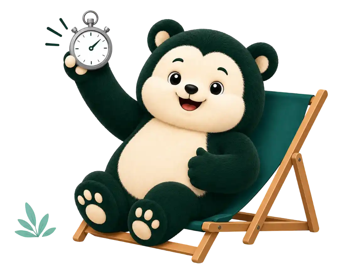 Mascotte Compta Spot assise avec un chronomètre, symbole de réactivité