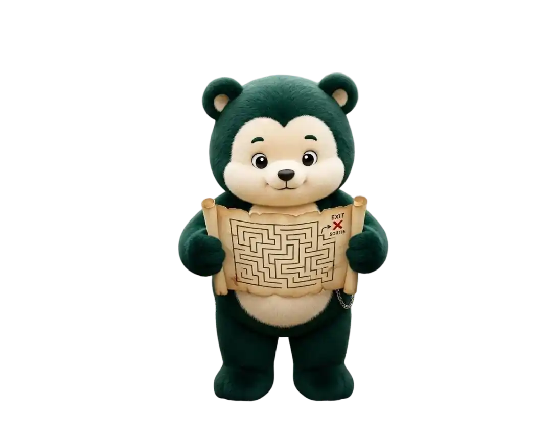 Mascotte Compta Spot tenant un labyrinthe : elle vous guide vers la sortie, sans vous perdre dans les démarches